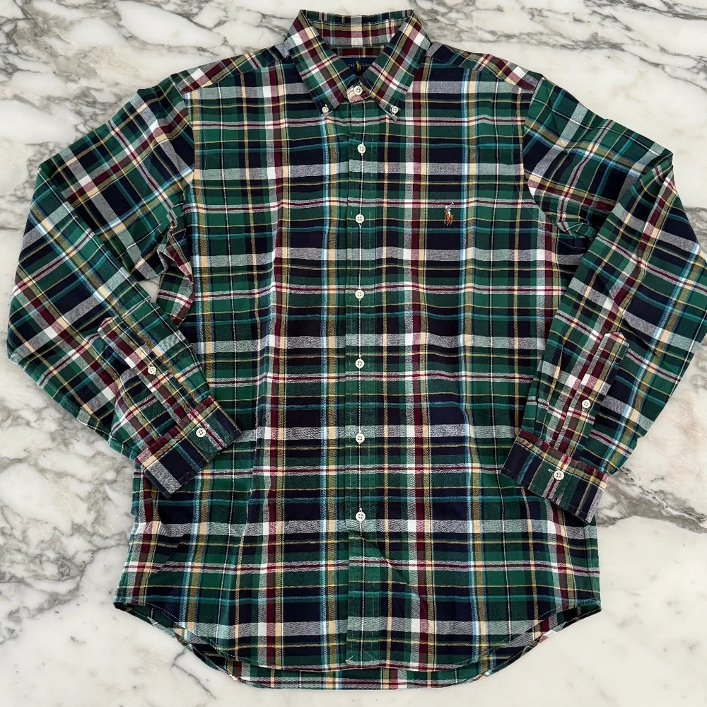 Polo Ralph Lauren Cotton Men's Green Plaid long sleeve shirt,  Medium‎